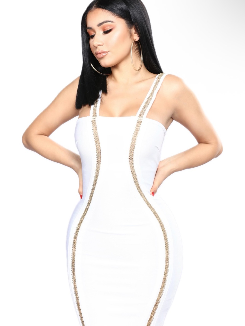 Fashion Nova White Midi Bodycon Dress with Gold Trim